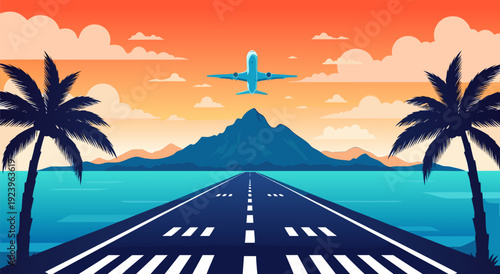 Vector illustration of an airplane taking off from a tropical island runway with palm trees and ocean view