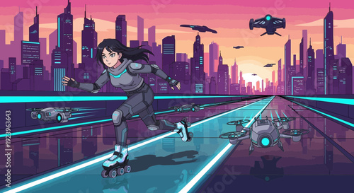 Dynamic Female Rollerblader in Futuristic Cyberpunk Setting.