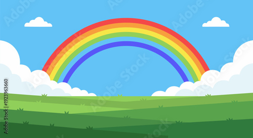 Vibrant Rainbow Arching Over Green Fields under a Blue Sky - Vector Illustration