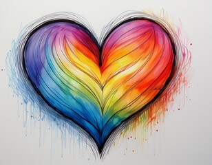 a rainbow colored heart drawn on a white paper with a black border
