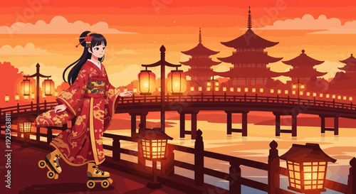 Elegant Japanese woman in traditional kimono walking.