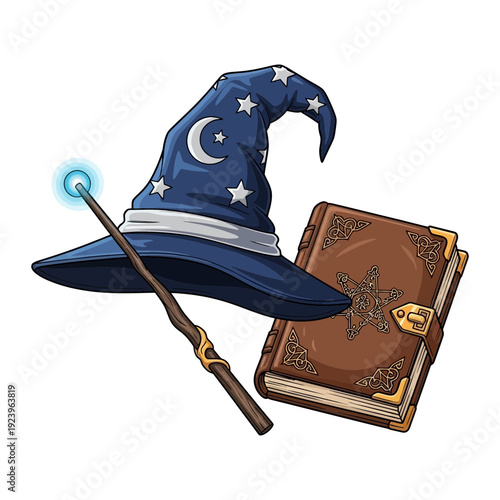 A blue wizard hat and magic wand beside a brown book