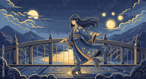 Graceful woman in traditional Japanese kimono walking on a bridge at night.