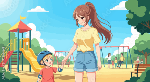 Mother and child holding hands in a bright sunny park.