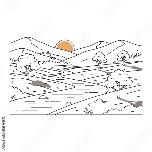 A drawing of a sunset over a mountain range with a river running through it