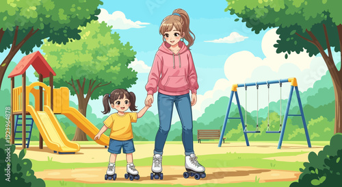 Mother and daughter roller skating together in a park.