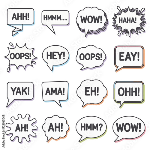 A set of colorful comic speech bubbles with various expressions and reactions