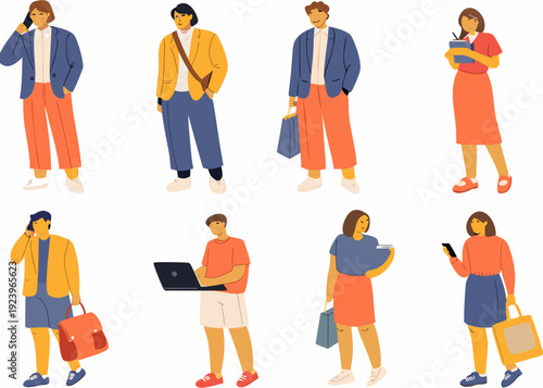 Diverse group of people in casual attire using technology and commuting