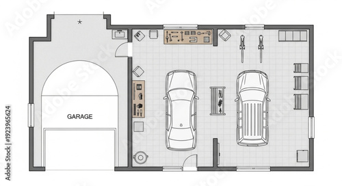 Detailed garage floor plan showcasing two vehicles and storage spaces for organization.