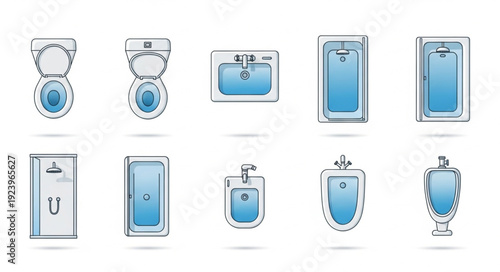 Collection of bathroom fixtures, including toilets, sinks, and showers, in a clean, modern design.