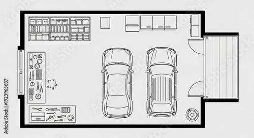 Garage floor plan with two cars, storage, and a side entrance door, detailed layout.