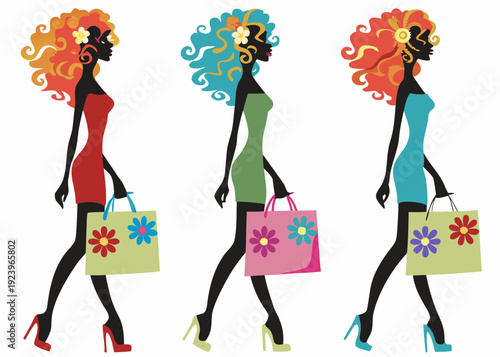 Three silhouetted women with shopping bags in vibrant colors