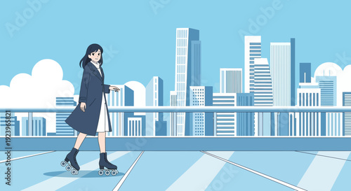 Stylish woman walking confidently in a modern urban setting.