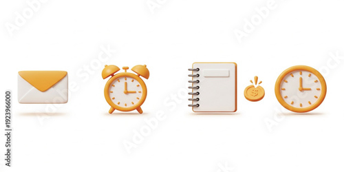 3D Office and Productivity Icon Set with Email Envelope, Alarm Clock, Notebook, Coin, and Time Management Symbols for Business Applications