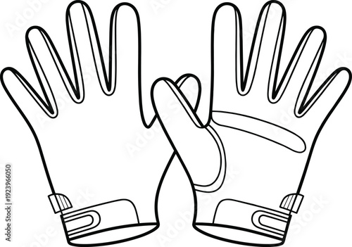 Black and white line of a pair of open-fingered athletic gloves with adjustable straps at the wrist