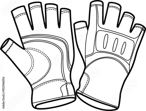 Black and white line of a pair of fingerless weightlifting gloves with three oval perforations on the back of the hand and stitched accents