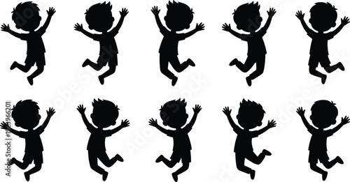 Set of jumping boy silhouettes with raised hands isolated on white background, black happy child illustration collection for celebration and playful design projects