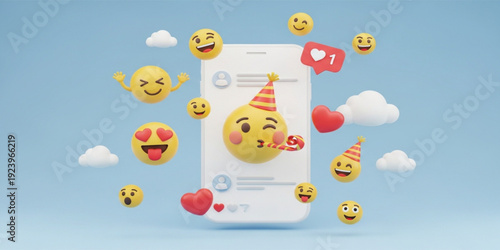 3D Social Media Emoji Notification Concept with Smartphone Screen, Floating Emoticons, Likes, Hearts, and Online Interaction Illustration