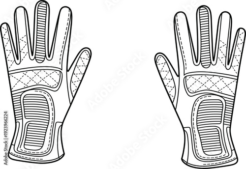 Black and white line of a pair of quilted sports gloves with intricate stitching and padded palm details