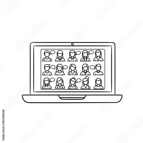 Minimalist black outline vector icon of a laptop with online conference participants on screen, symbolizing remote work, virtual meeting, and distance learning, isolated on a transparent background