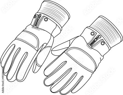 Black and white line of a pair of rugged leather gloves with zippers and ribbed cuffs, suggesting outdoor or work use