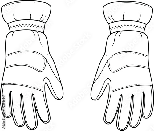Black and white outline of a pair of insulated winter gloves with stitched detailing and elasticated cuffs for warmth and comfort