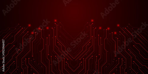 Bilde på lerret Futuristic circuit board design with neon red lines and nodes viewed from directly above showcasing technology advancements in a dark environment
