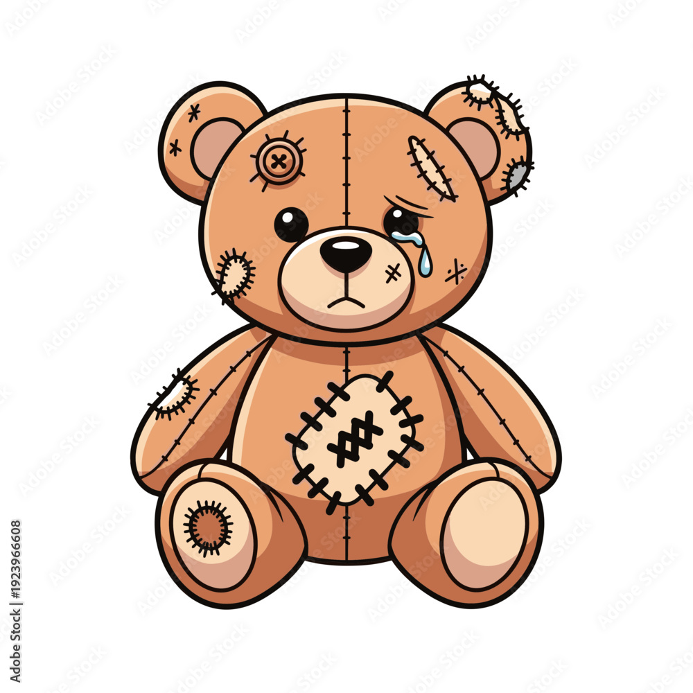 Obraz premium Colored vector of a sad patched teddy bear with tears and visible stitches, symbolizing loneliness, childhood trauma, loss, and emotional vulnerability, isolated on a transparent background