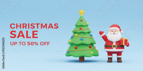 Christmas Sale Banner with Santa Claus and Decorated Christmas Tree 3D Illustration for Holiday Discount Promotion and Festive Shopping Advertisement
