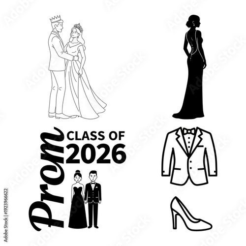 Prom tuxedo and high heel accessory icon bundle