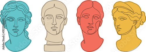 Classical Sculpture Bust Portrait Set with Ancient Greek Roman Statue Heads Minimal Line Art Vector Illustration for Art History and Museum Design