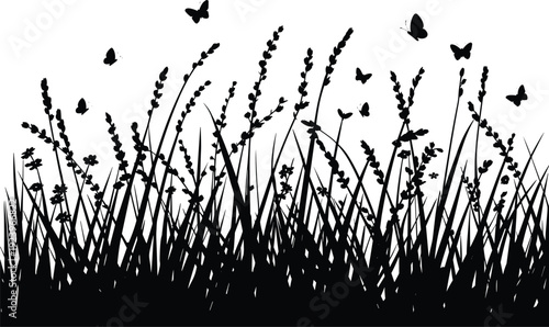 Black silhouette of tall grass stalks and fluttering butterflies against a white background, evoking a peaceful meadow scene