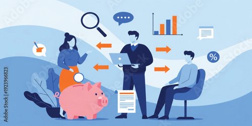 Financial Planning and Business Strategy Concept with Team Analysis, Piggy Bank Savings, Data Charts, and Investment Management Illustration