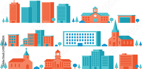 Flat City Building Collection with School Church Office and Residential Architecture Urban Landscape Vector Illustration Set for Maps Infographics and Design