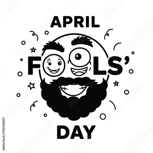 April Fools Day black and white cartoon face with beard, googly eyes and party confetti. Funny illustration celebrating pranks and jokes on April 1st.