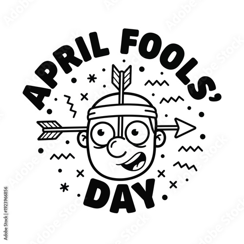 April Fools Day black and white cartoon boy with arrow through head, winking eye, and party elements. Funny graphic celebrating pranks and jokes on April 1st.