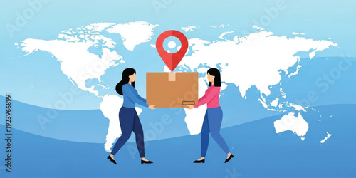Global Delivery and Logistics Concept with World Map, Location Pin, and People Carrying Package for International Shipping and Supply Chain Illustration