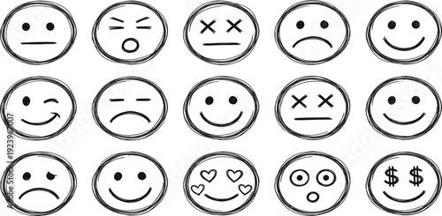 Hand Drawn Emoji Face Icon Set with Happy Sad Angry and Funny Emotions Doodle Style Vector Illustration Collection for Social Media and Messaging