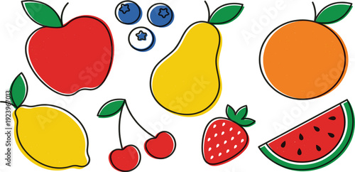 Hand Drawn Fruit Illustration Set with Apple Orange Pear Lemon Strawberry Blueberry and Watermelon Colorful Fresh Food Vector Collection