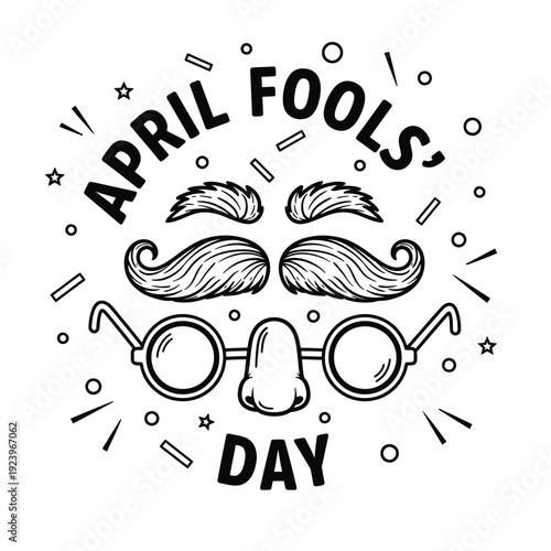 April Fools' Day disguise with a fake mustache, oversized glasses, and nose, a classic gag for pranks and jokes, illustrated in a whimsical black and white outline style.