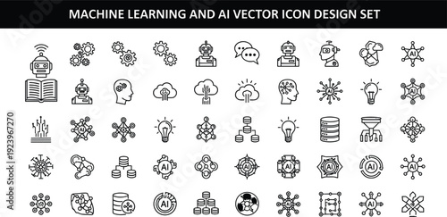 Machine Learning and Artificial Intelligence Icon Set with Neural Network Data Science Robotics and Automation Line Vector Illustration Collection for Technology Design