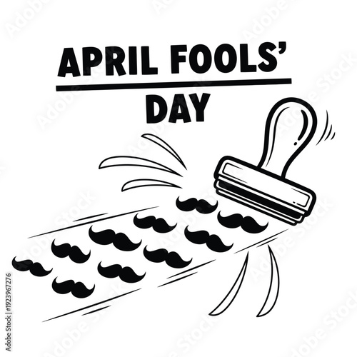 April Fools' Day prank: A stamp imprinting a trail of funny mustaches, signifying a playful and silly holiday.