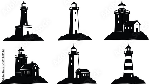 Set of lighthouse silhouettes on rocky shore isolated on white background, black coastal beacon illustration collection for maritime navigation and seaside design projects