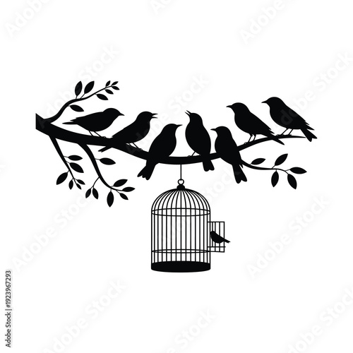 Several birds perched along a horizontal tree branch, with an empty birdcage. 