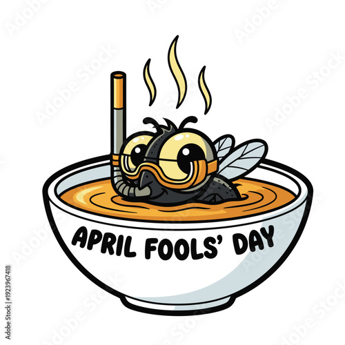 April Fools' Day illustration of a cartoon fly in a bowl of soup wearing goggles and a snorkel, for a humorous prank concept.