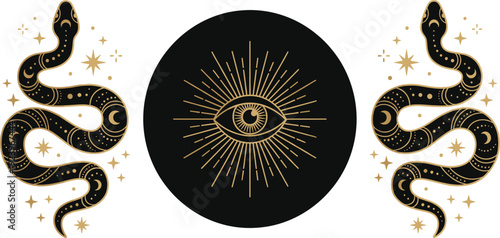 Mystical All Seeing Eye with Celestial Snakes and Stars Esoteric Occult Symbolism Magic Spiritual Vector Illustration for Tattoo Poster and Decorative Design