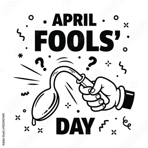 April Fools' Day illustration of a cartoon hand holding a water squirting spoon, representing a playful prank or gag.