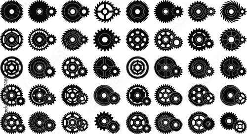 Gear, cogwheel, mechanism, icon, set, silhouette, vector, industrial, engineering, machine, part, technology, technical, engine, transmission, mechanical, precision,equipment, tool, factory, black