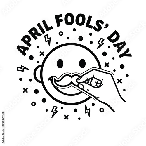 April Fools' Day illustration featuring a smiley face getting a fake mustache applied, symbolizing a funny disguise or trick.