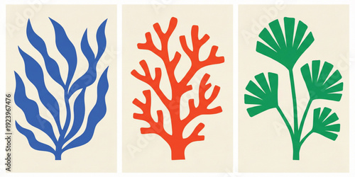 Minimalist Abstract Botanical and Coral Shapes Set with Organic Marine and Plant Inspired Vector Illustrations for Modern Wall Art and Design